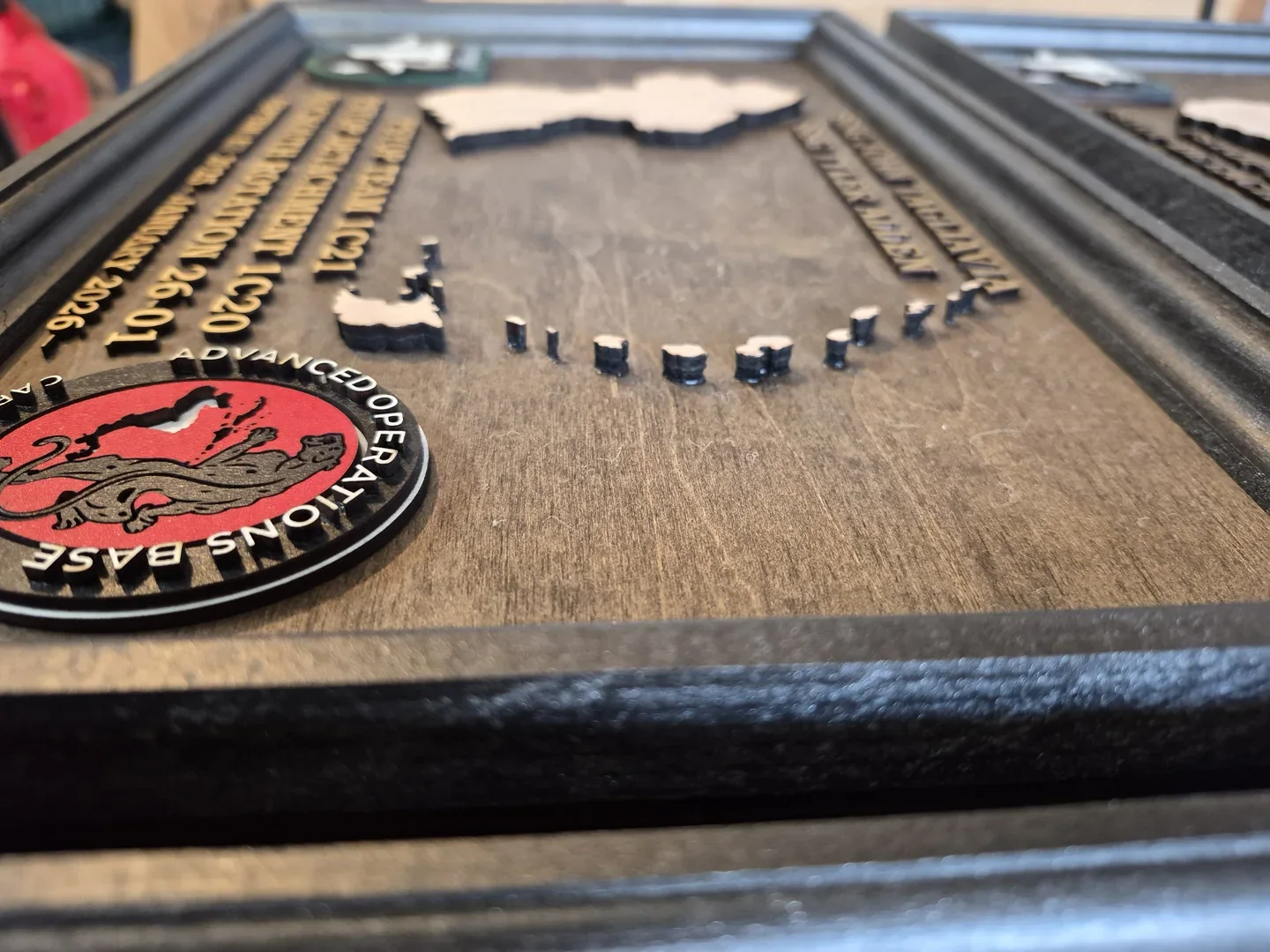 Framed wood presentation display with a military emblem and a necklace arranged inside.