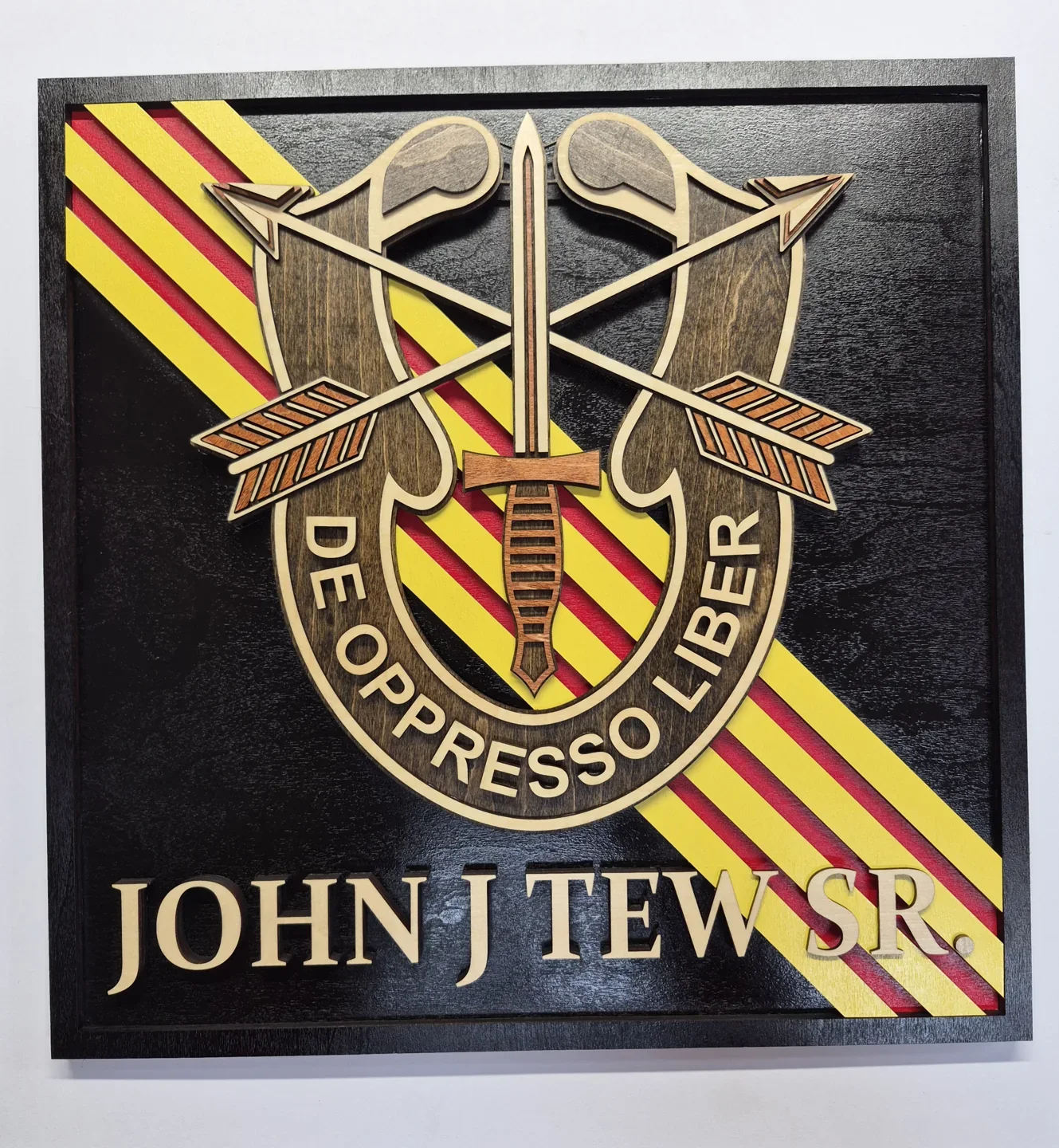 Personalized Special Forces recognition plaque with a unit emblem and engraved presentation text.