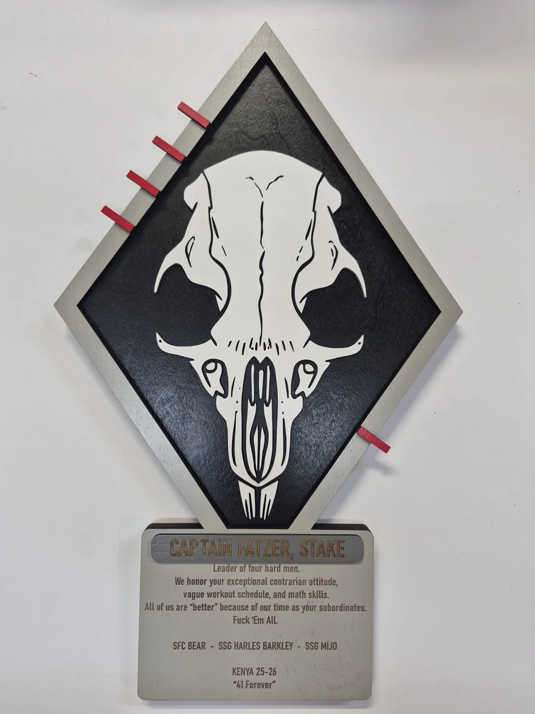 Animal skull recognition plaque on a diamond shaped background with a presentation plate.