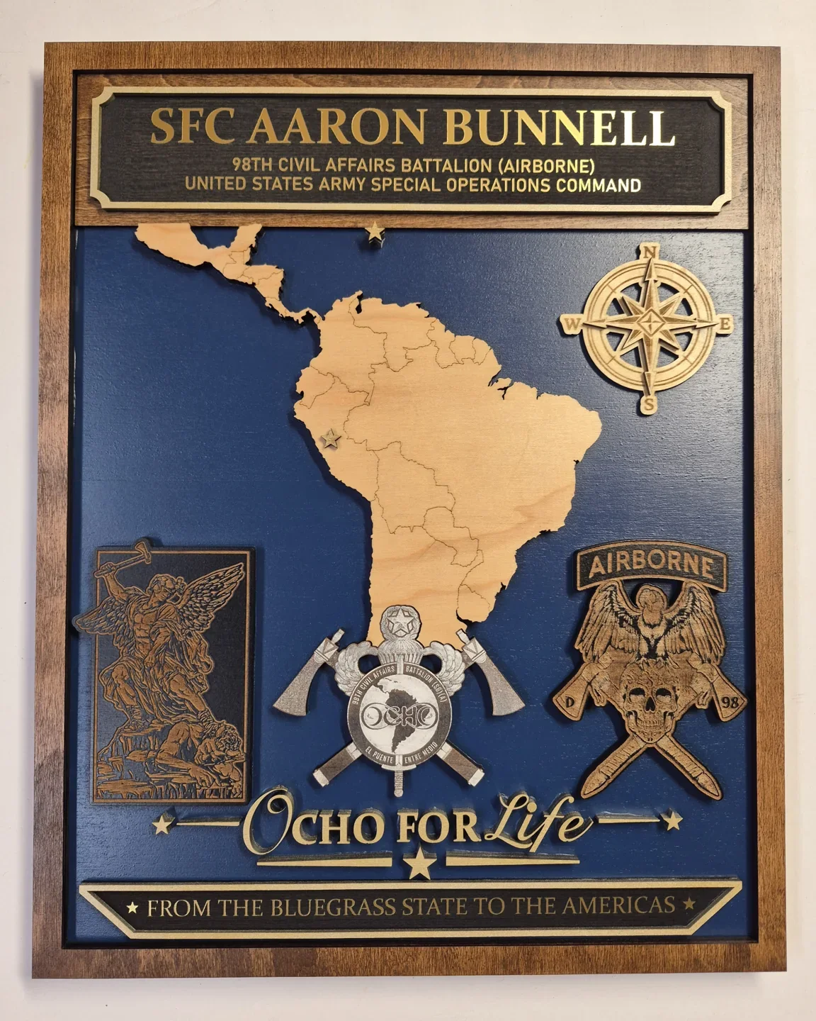 Framed military recognition plaque with a gold South America silhouette on a blue background.