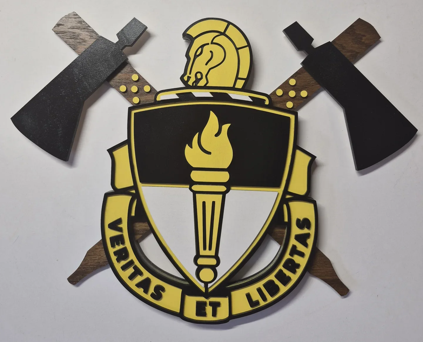 Military emblem with crossed axes, a helmet and a central torch on a dark shield.