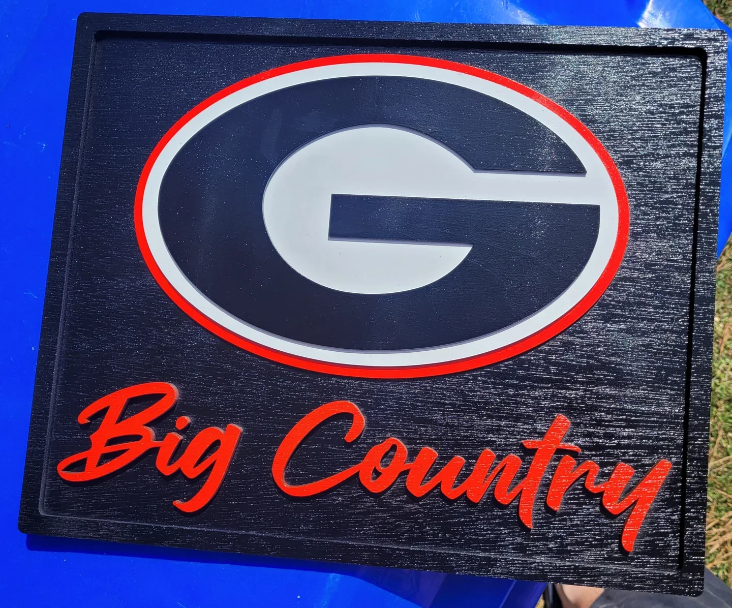 Personalized illuminated team sign with a large oval emblem and red script lettering.